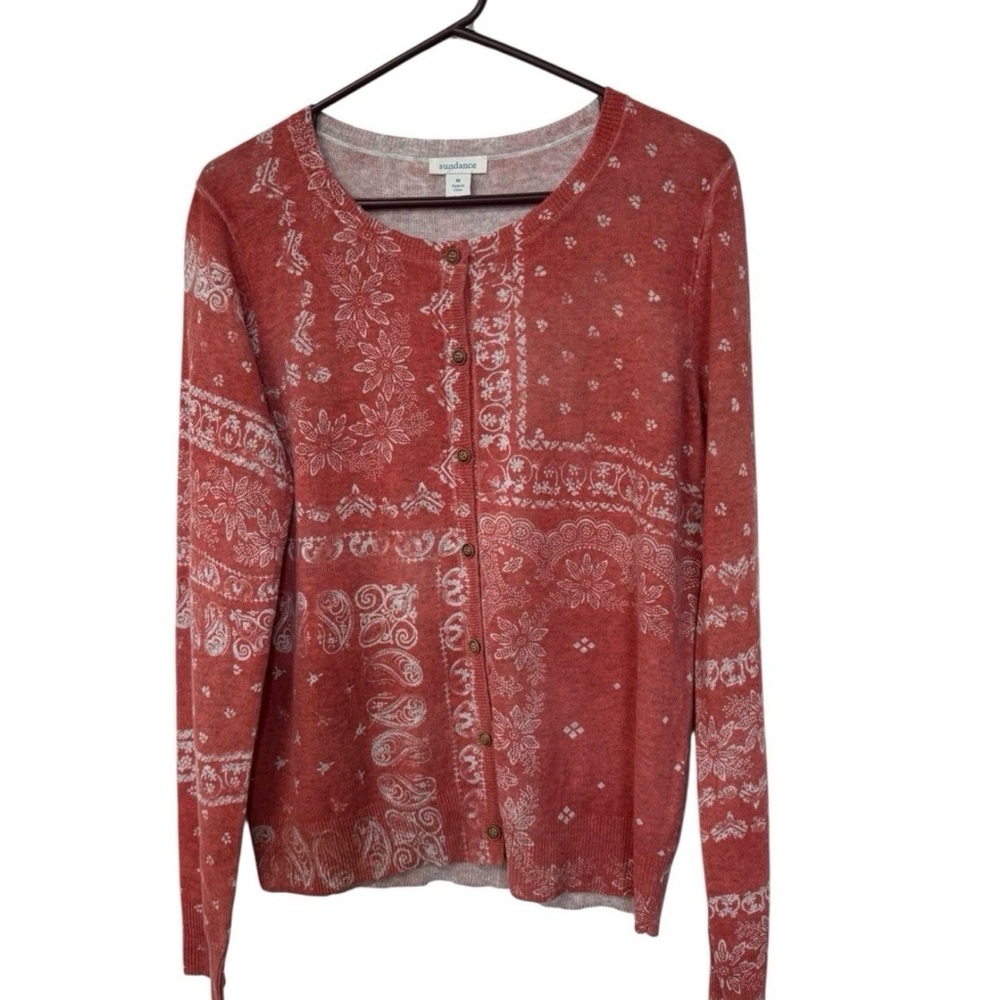 Sundance Scoop Neck Orange Floral Print Cardigan Sz M